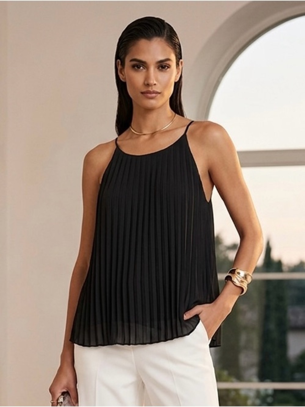 Express Black Pleated Halter-Cut Cami